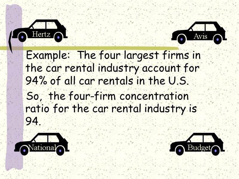 Example:  The four largest firms in the car rental industry account for 94%